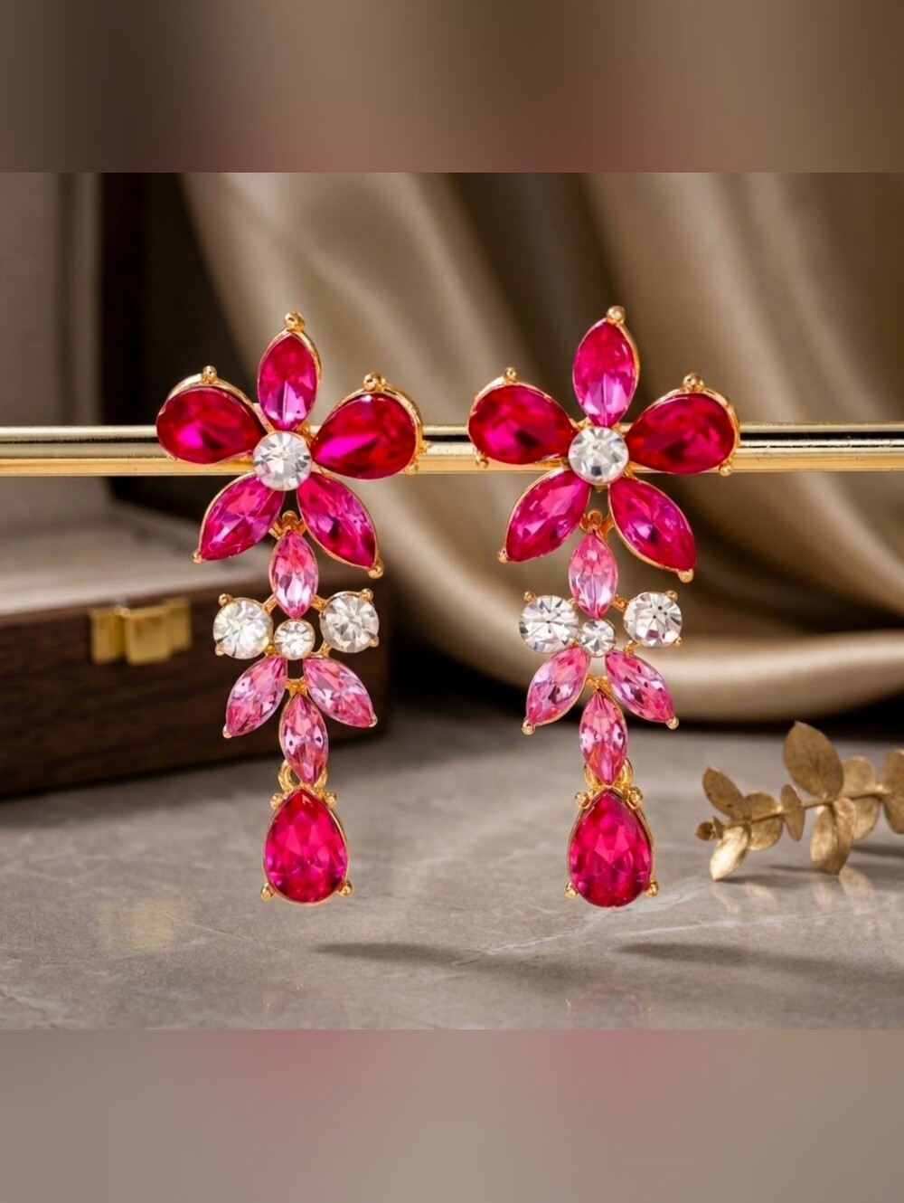 Hot Pink Floral Crystal Drop Statement Earrings
